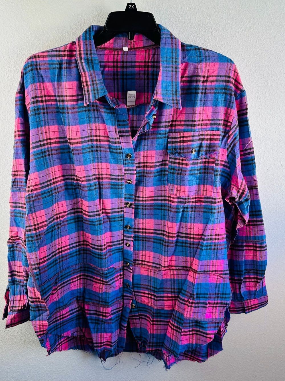 Frayed Flannel Blue Pink Plaid Boho Lived In Raw Hem Size 3X